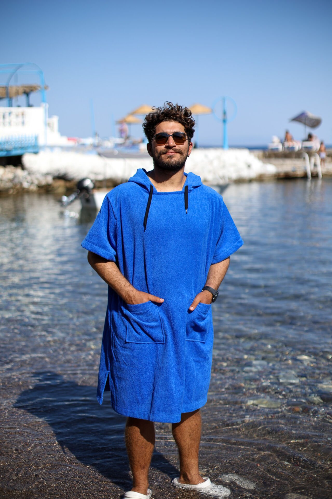 Mavi Cepli Kapşonlu Havlu Panço