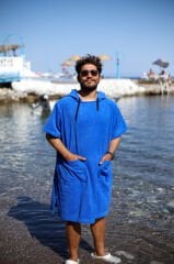 Mavi Cepli Kapşonlu Havlu Panço