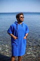Mavi Cepli Kapşonlu Havlu Panço