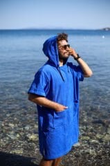 Mavi Cepli Kapşonlu Havlu Panço