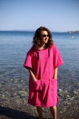 Pembe Cepli Kapşonlu Havlu Panço