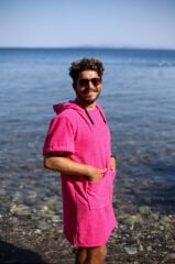 Pembe Cepli Kapşonlu Havlu Panço