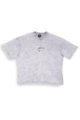 Köpekbalığı Nakışlı Yıkamalı Oversize T-Shirt S - Gri