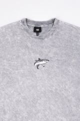 Köpekbalığı Nakışlı Yıkamalı Oversize T-Shirt XL - Gri