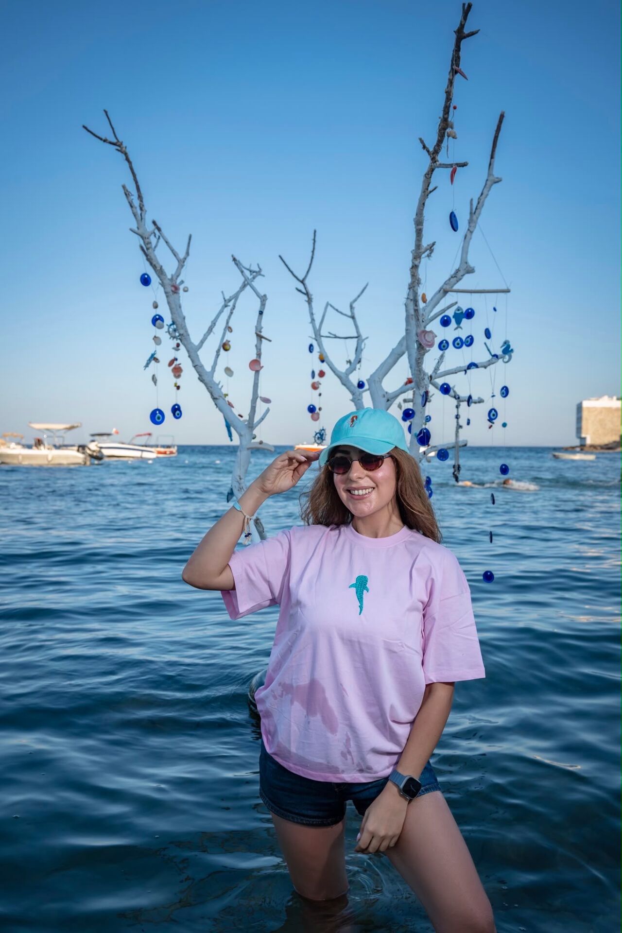 Balina Nakışlı Oversize Pamuklu Süprem T-Shirt Pembe