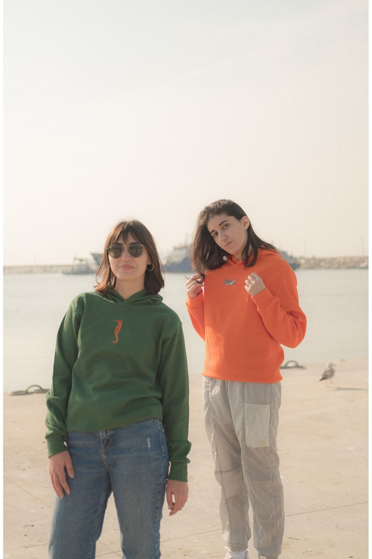 Deniz Kaplumbağası Nakışlı Kapüşonlu Sweatshirt L - Yeşil