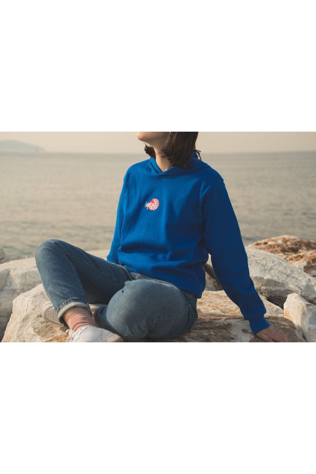 Nautilus Nakışlı Kapüşonlu Sweatshirt L - Mavi