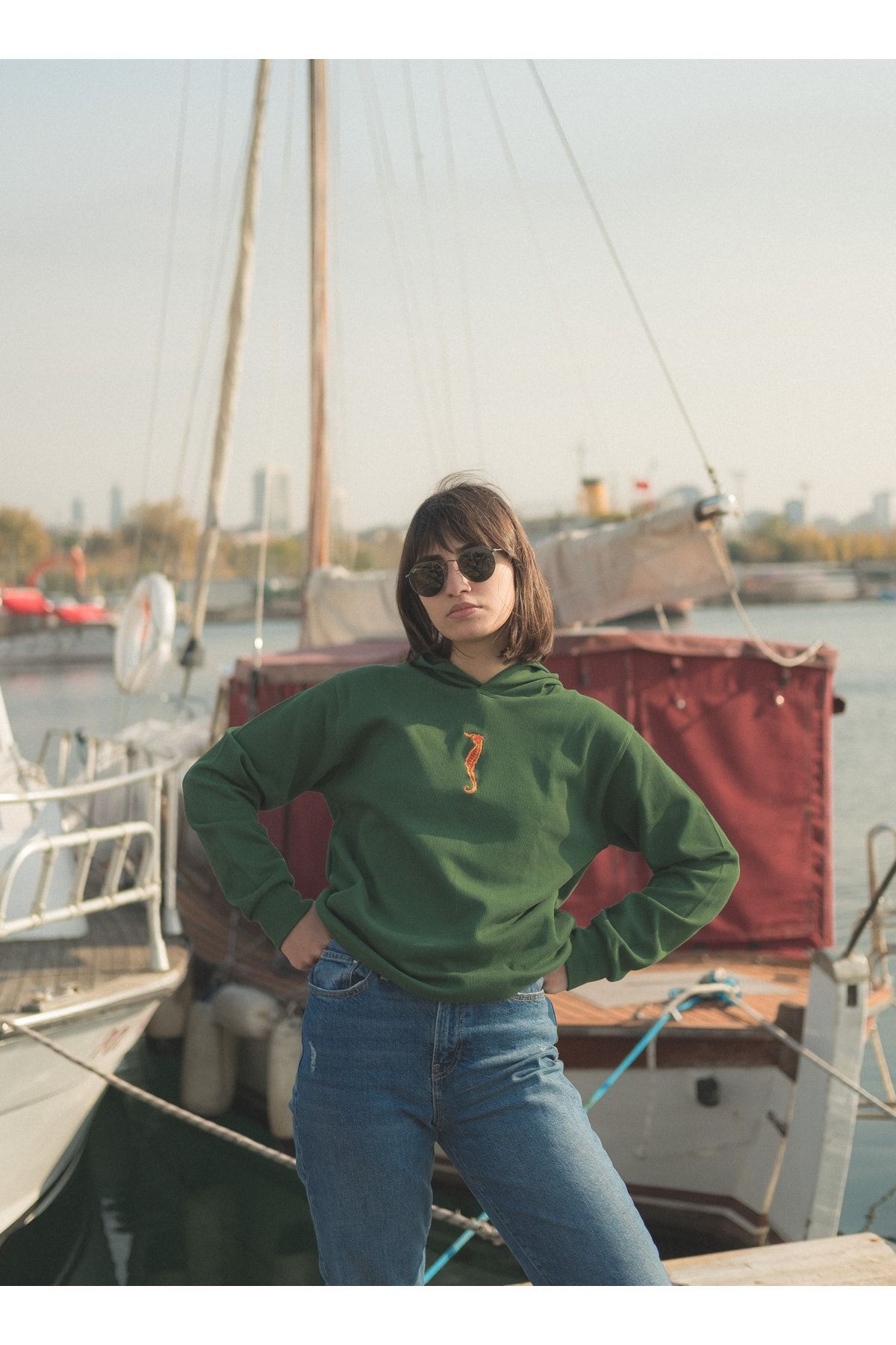 Denizatı Nakışlı Kapüşonlu Sweatshirt XL - Yeşil