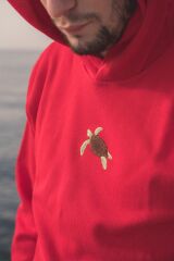 Deniz Kaplumbağası Nakışlı Kapüşonlu Sweatshirt XL - Kırmızı