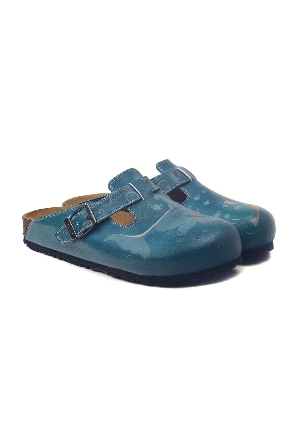 Köpekbalığı Tasarımlı Vegan Deri Sandalet Terlik 37 - Desenli