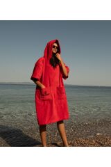 Kırmızı Cepli Kapşonlu Havlu Panço