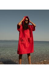 Kırmızı Cepli Kapşonlu Havlu Panço