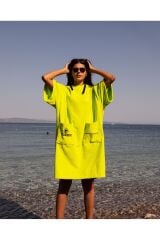 Fıstık Yeşili Cepli Kapşonlu Havlu Panço