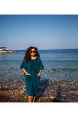 Petrol Yeşili Cepli Kapşonlu Havlu Panço