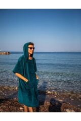 Petrol Yeşili Cepli Kapşonlu Havlu Panço