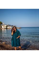 Petrol Yeşili Cepli Kapşonlu Havlu Panço