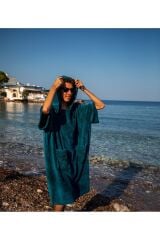 Petrol Yeşili Cepli Kapşonlu Havlu Panço