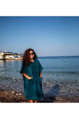 Petrol Yeşili Cepli Kapşonlu Havlu Panço