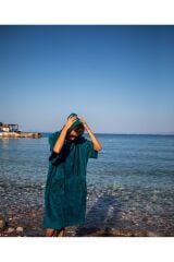 Petrol Yeşili Cepli Kapşonlu Havlu Panço