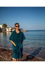 Petrol Yeşili Cepli Kapşonlu Havlu Panço