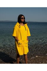 Sarı Cepli Kapşonlu Havlu Panço