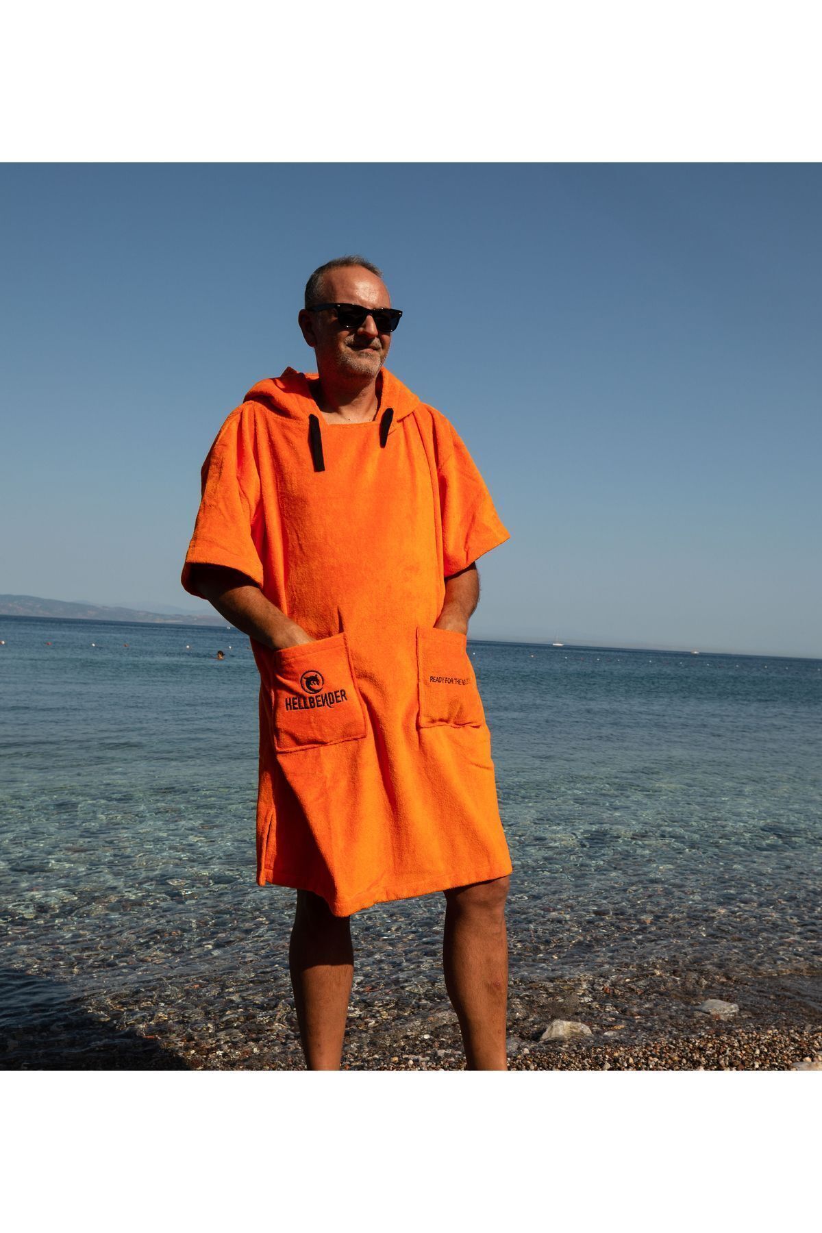 Turuncu Cepli Kapşonlu Havlu Panço