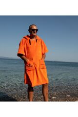 Turuncu Cepli Kapşonlu Havlu Panço