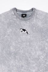 Orca Nakışlı Yıkamalı Oversize T-Shirt XL - Gri
