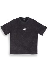 Köpekbalığı Nakışlı Yıkamalı Oversize T-Shirt M - Siyah