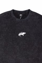 Köpekbalığı Nakışlı Yıkamalı Oversize T-Shirt XL - Siyah