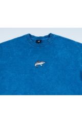 Köpek Balığı Nakışlı Yıkamalı Oversize T-Shirt S - Mavi