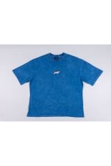 Köpek Balığı Nakışlı Yıkamalı Oversize T-Shirt M - Mavi