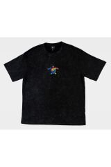 Kaplumbağa Nakışlı Yıkamalı Oversize T-Shirt L - Siyah