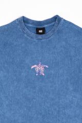 Kaplumbağa Nakışlı Yıkamalı Oversize T-Shirt M - Mavi