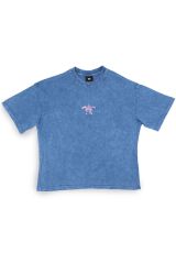 Kaplumbağa Nakışlı Yıkamalı Oversize T-Shirt M - Mavi