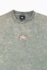 Kaplumbağa Nakışlı Yıkamalı Oversize T-Shirt S - Yeşil