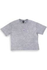 Kaplumbağa Nakışlı Yıkamalı Oversize T-Shirt M - Gri