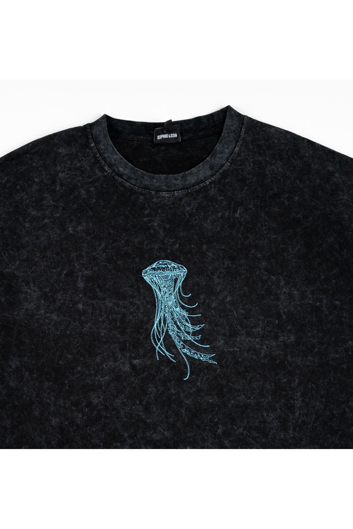 Jelly Fish Nakışlı Yıkamalı Oversize T-Shirt L - Siyah