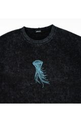 Jelly Fish Nakışlı Yıkamalı Oversize T-Shirt L - Siyah