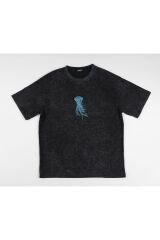 Jelly Fish Nakışlı Yıkamalı Oversize T-Shirt S - Siyah