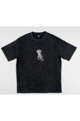 Jelly Fish Nakışlı Yıkamalı Oversize T-Shirt L - Siyah