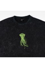 Jelly Fish Nakışlı Yıkamalı Oversize T-Shirt L - Siyah