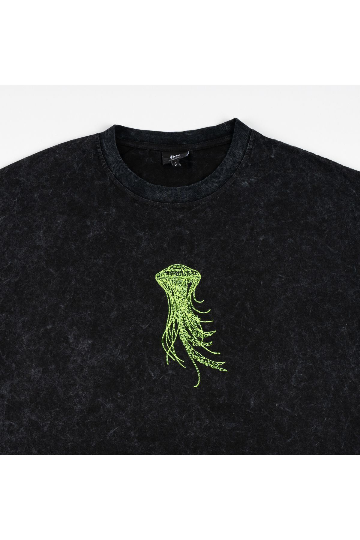 Jelly Fish Nakışlı Yıkamalı Oversize T-Shirt S - Siyah