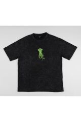 Jelly Fish Nakışlı Yıkamalı Oversize T-Shirt S - Siyah