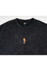Denizatı Nakışlı Yıkamalı Oversize T-Shirt L - Siyah