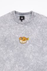 Balon Balığı Nakışlı Yıkamalı Oversize T-Shirt