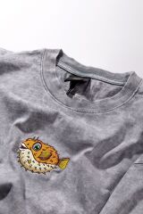 Balon Balığı Nakışlı Yıkamalı Oversize T-Shirt L - Gri