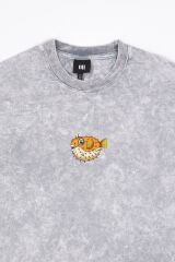 Balon Balığı Nakışlı Yıkamalı Oversize T-Shirt L - Gri