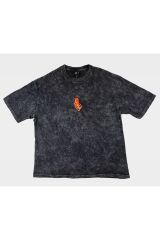 Ahtapot Nakışlı Yıkamalı Oversize T-Shirt L - Siyah
