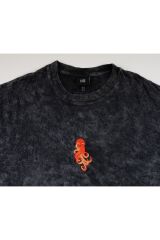 Ahtapot Nakışlı Yıkamalı Oversize T-Shirt L - Siyah